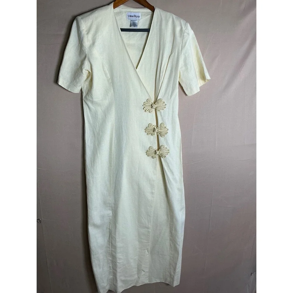 Ultra Dress New York Vintage Linen Blend Frog Closure Wrap Midi Dress Cream Sz 8 - Picture 3 of 10